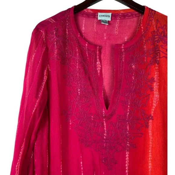 Chicos 1 (Medium 8 10) Top Tunic Shirt 100% Silk Ombre Pink Orange Embroidered - Picture 1 of 3